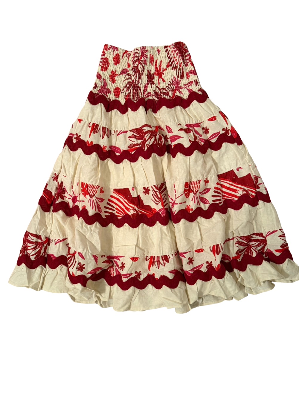 Caroline Constas Linen Scalloped Tropical Top & Midi Skirt Set Red Cream NWT - Picture 7 of 11